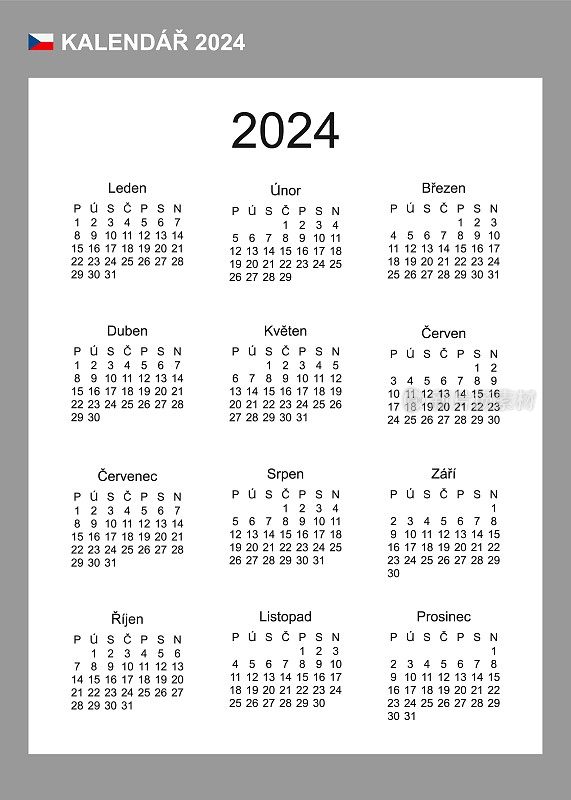 捷克日历为2024年。一周从周一开始。简单的矢量模板。业务设计规划师。
