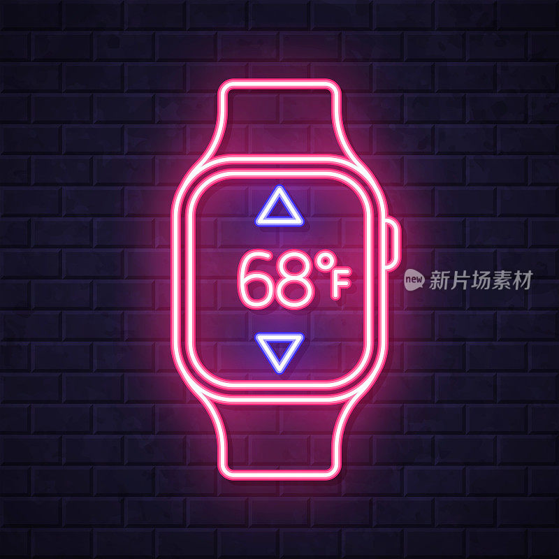 带加热控制的智能手表。在砖墙背景上发光的霓虹灯图标