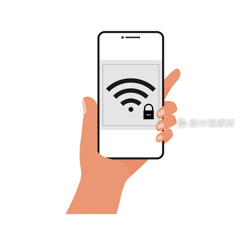 手持手机的人正在连接wifi。Wifi标牌和手机。现成的模板与伟大的颜色。