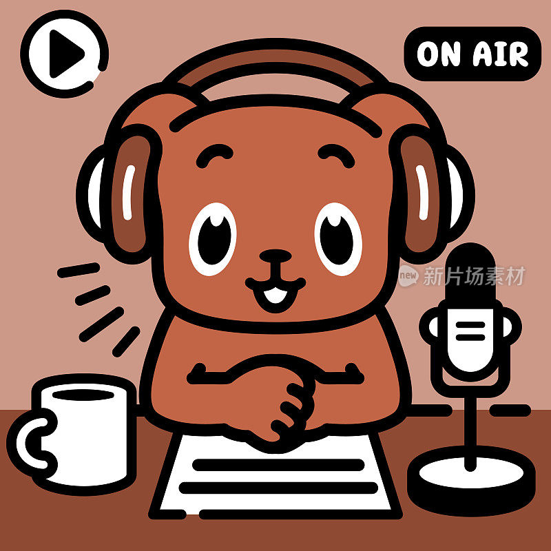 戴着耳机的拉布拉多犬电台主持人或播客主持人正在制作电台节目或直播