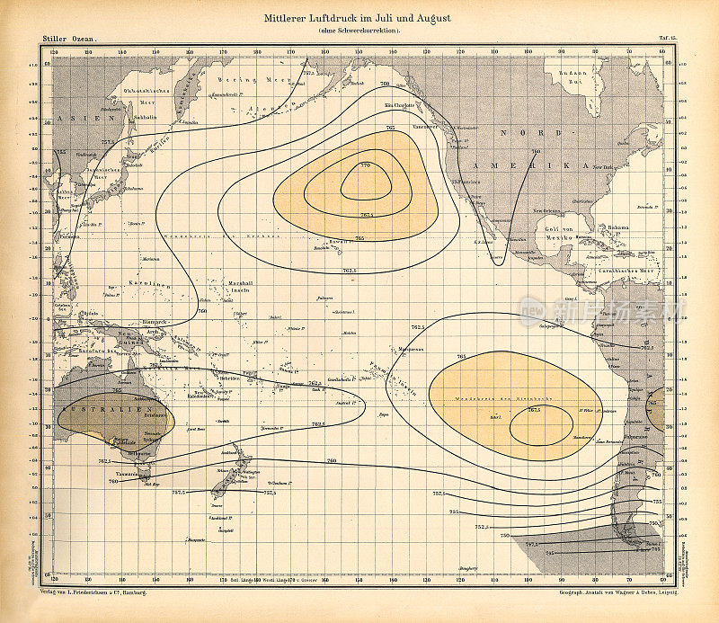 7月和8月太平洋天气模式图，德国古董维多利亚雕刻，1896