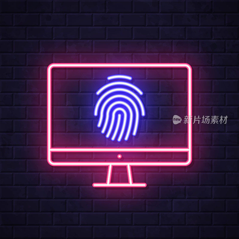 带指纹的台式电脑。在砖墙背景上发光的霓虹灯图标
