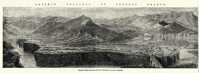 火山锥和玄武岩熔岩流，约亚克，阿尔迪什，法国，1850年代