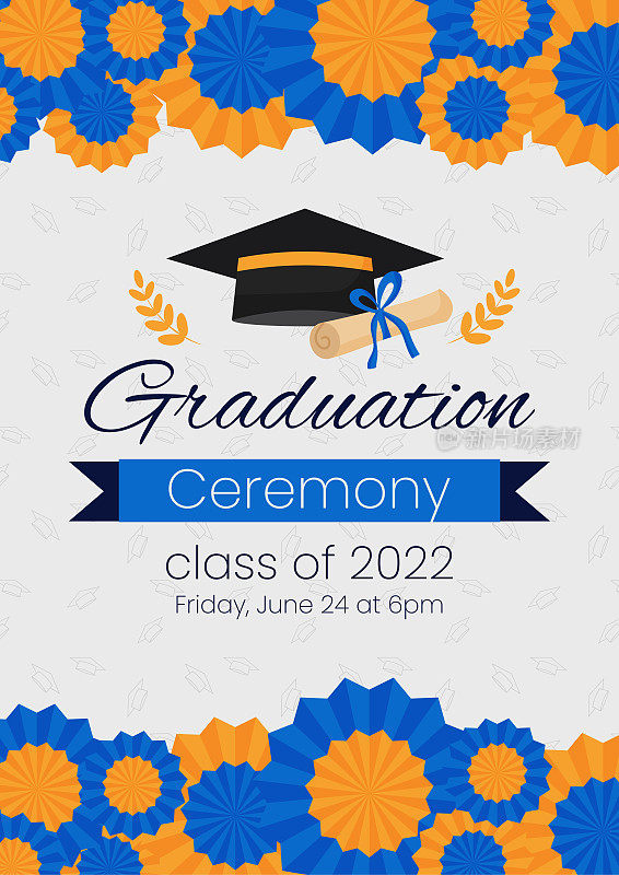 高中毕业典礼和派对邀请模板。社交媒体的贺卡概念。毕业帽有文凭和蓝色装饰。矢量插图传单