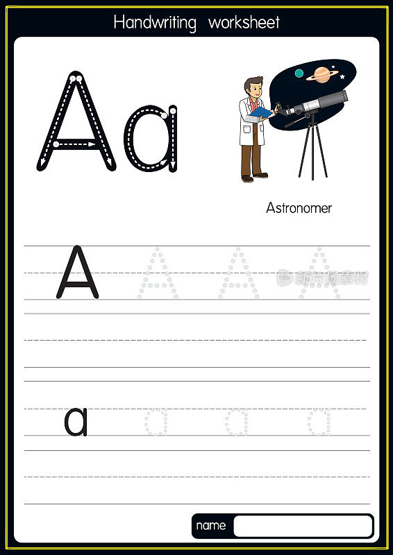 矢量插图天文学家与字母A大写字母或大写字母为儿童学习实践ABC