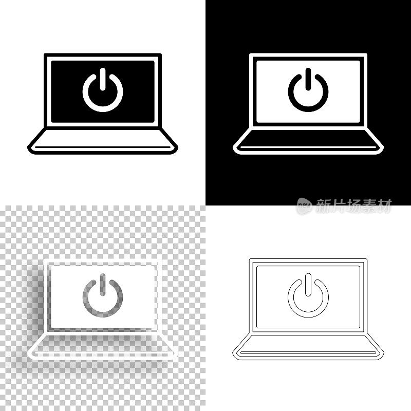 带电源按钮的笔记本电脑。图标设计。空白，白色和黑色背景-线图标