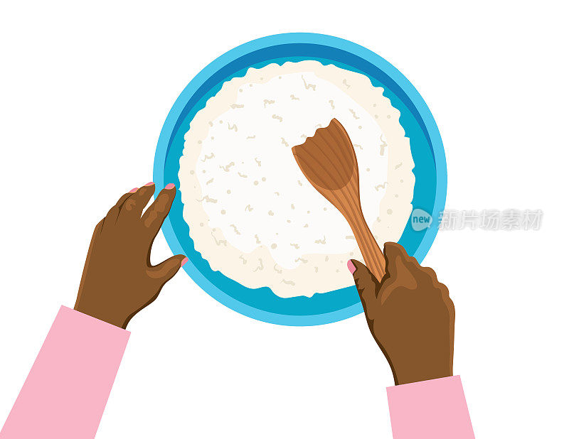 在透明的背景下，双手在碗中搅拌面粉的俯视图