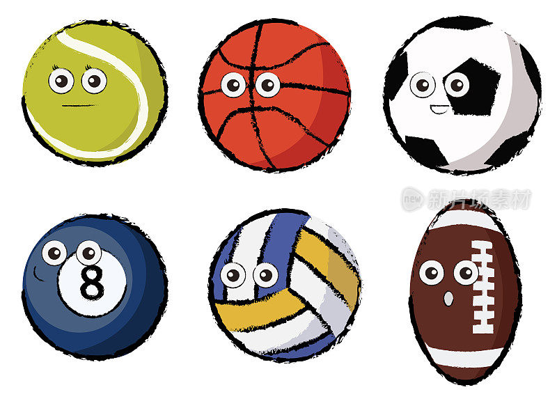 绘制的球字符集;网球，足球，篮球，橄榄球，排球和台球平面矢量插图