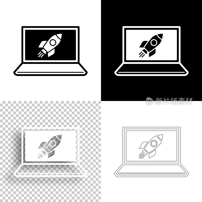 笔记本电脑火箭。图标设计。空白，白色和黑色背景-线图标