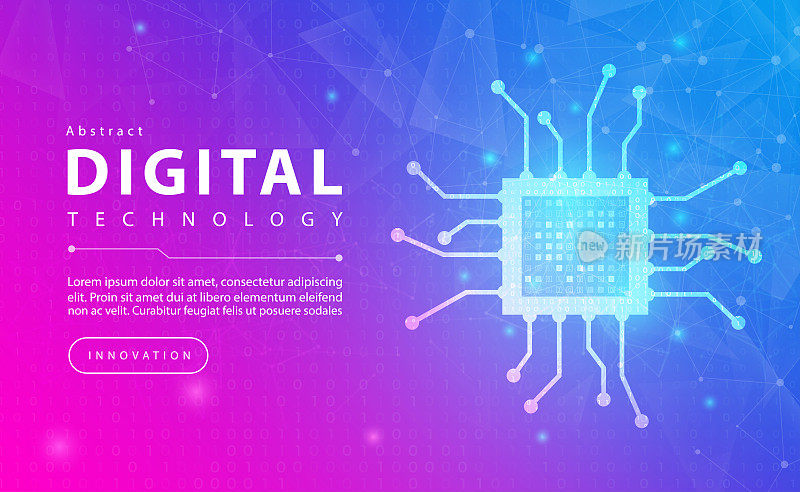 数字技术电子芯片旗帜粉蓝背景概念与技术，微处理器计算机电气，未来线光效果，抽象技术，插图矢量图形设计