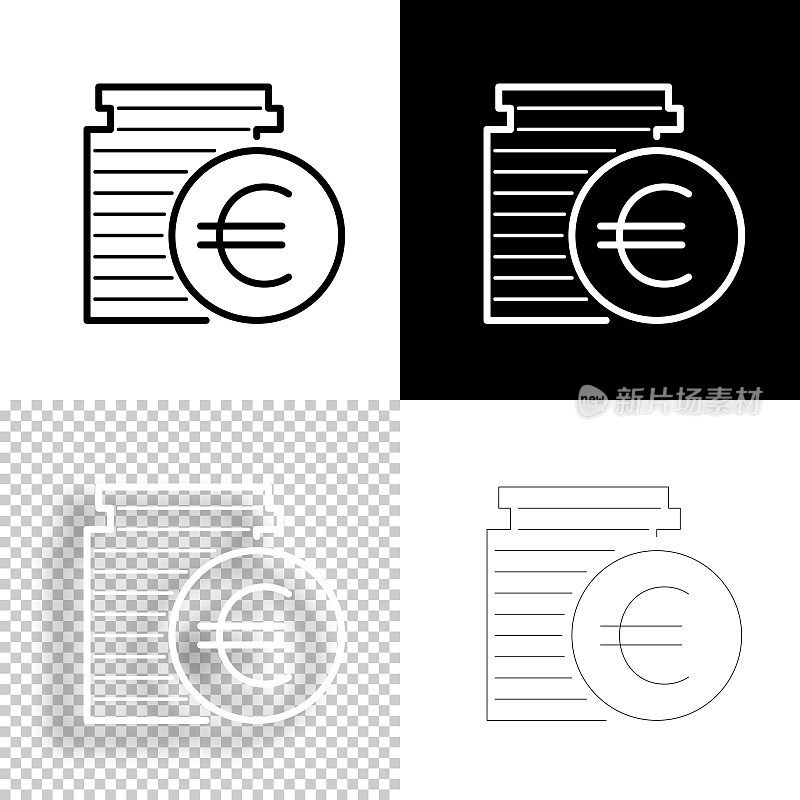 欧元硬币堆栈。图标设计。空白，白色和黑色背景-线图标