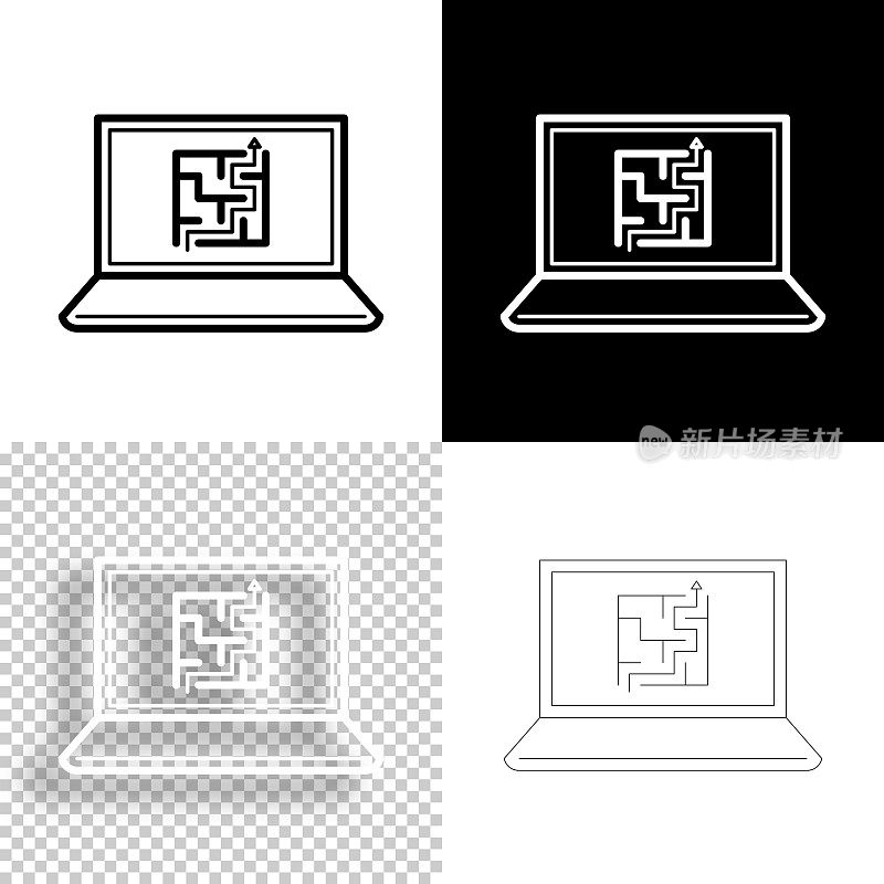 笔记本电脑迷宫。图标设计。空白，白色和黑色背景-线图标