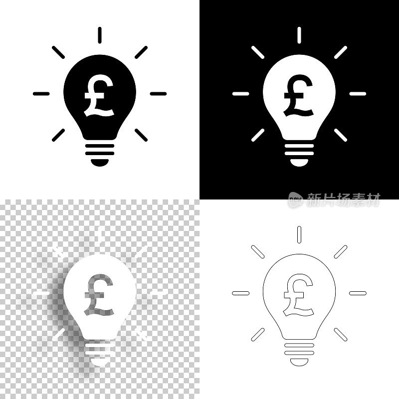 图标的“灯泡与Pound标志。图标设计。空白，白色和黑色背景-线图标