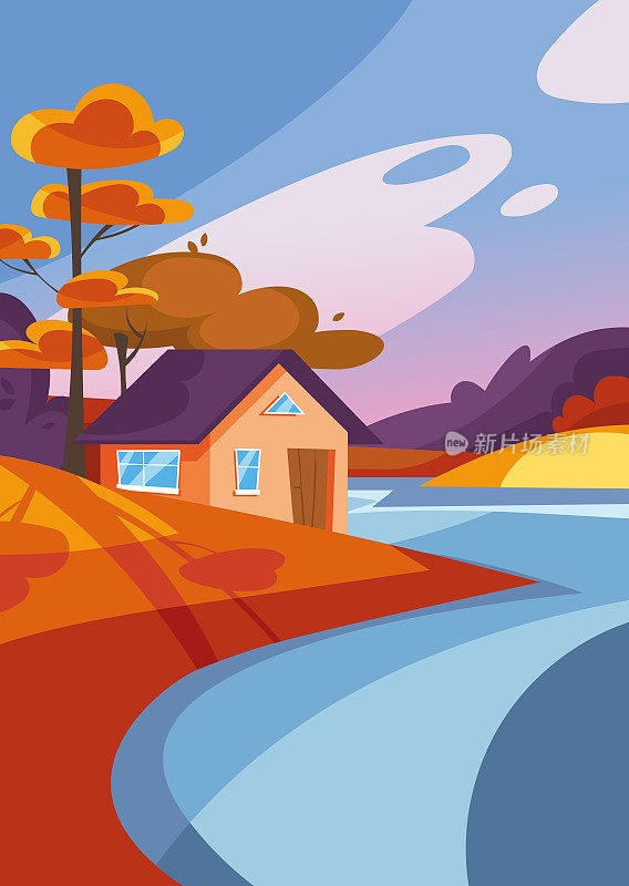 秋天的湖边别墅。