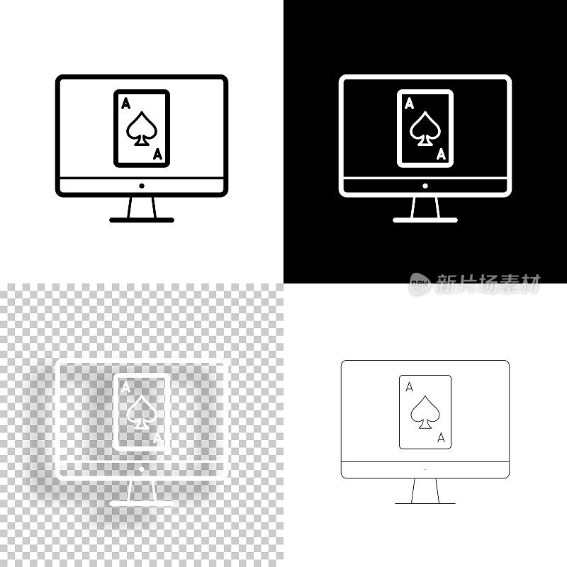 带扑克牌的台式电脑。图标设计。空白，白色和黑色背景-线图标