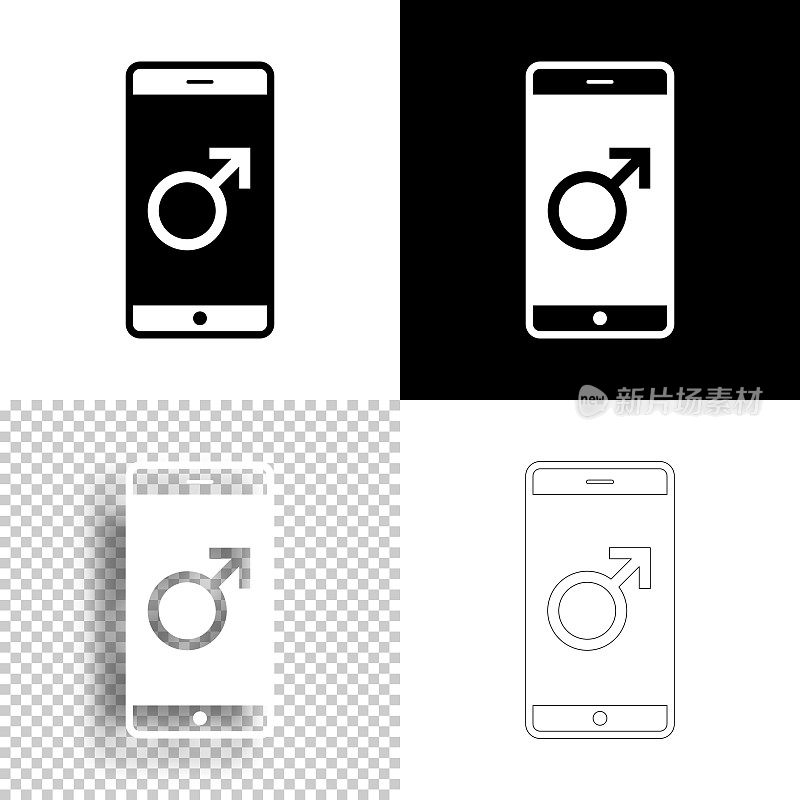 带有男性符号的智能手机。图标设计。空白，白色和黑色背景-线图标