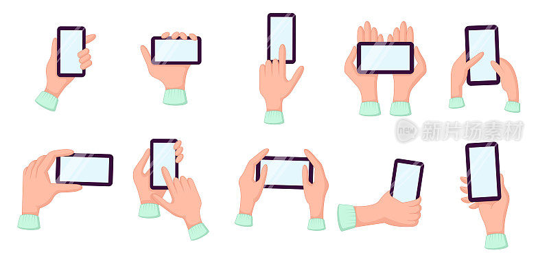 手持和使用智能手机，白色空显示。使用手机的人。触摸屏设备上的应用。平面矢量插图孤立在白色背景