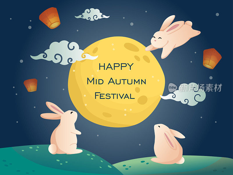 亚洲秋天的节日。中秋快乐插图横幅。可爱的兔子在晚上吃着美味的月饼，看月亮