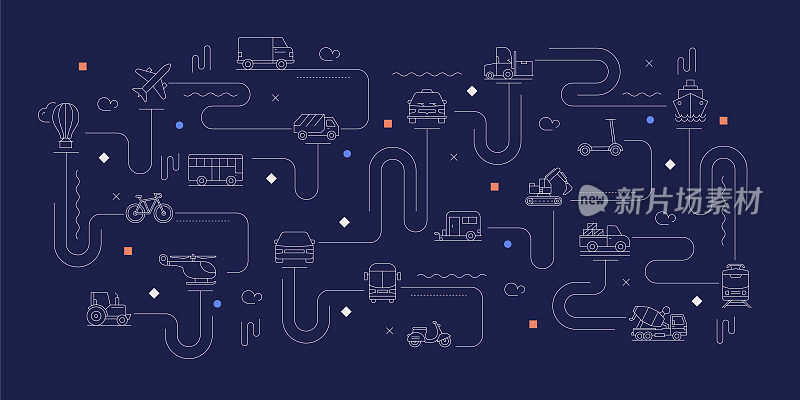 交通相关矢量横幅设计概念，现代线条风格与图标