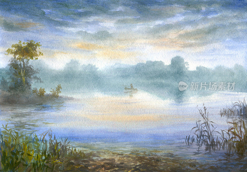 夏日清晨，河边水彩画
