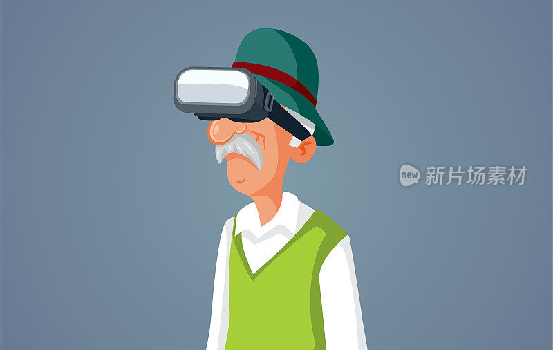 老人戴着VR眼镜体验虚拟现实