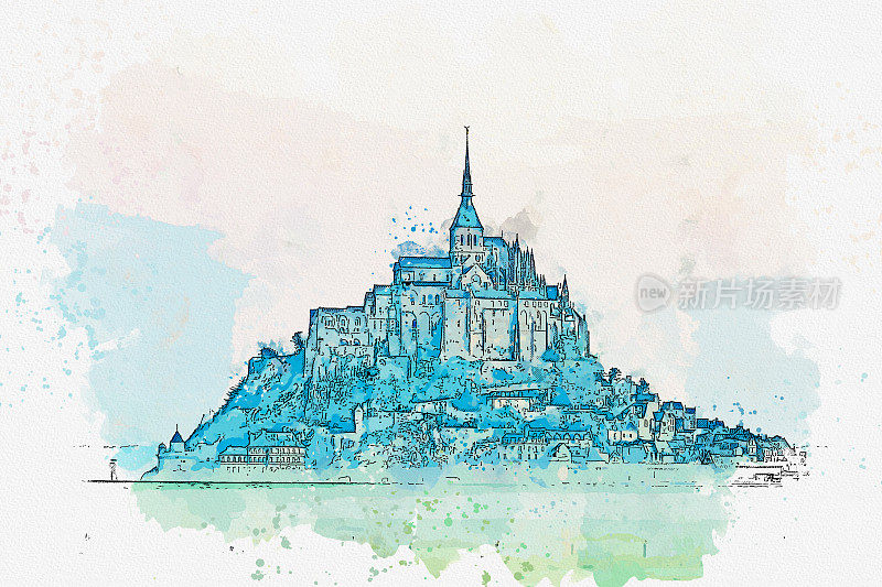 法国圣米歇尔山水彩画。