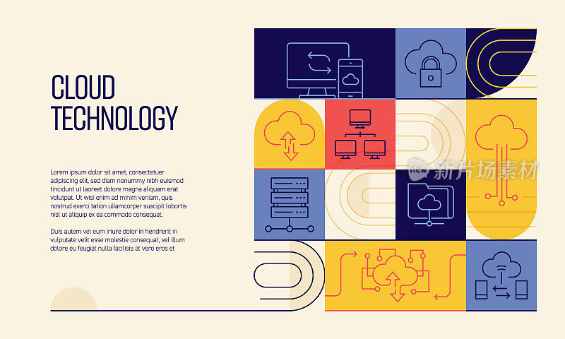 与线图标相关的云技术设计。简单轮廓符号图标。