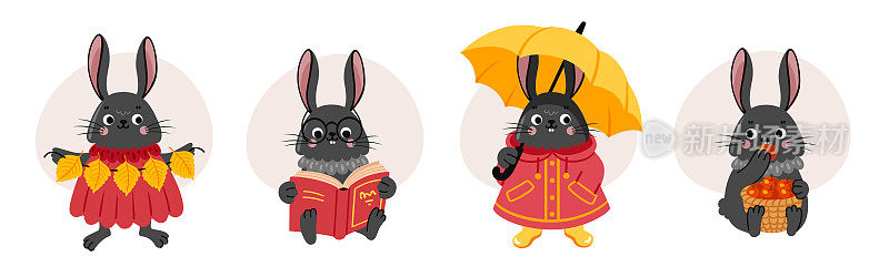 一套可爱的兔子卡通人物。黑兔子看书，吃苹果，撑伞和秋叶花环。矢量平面插图。