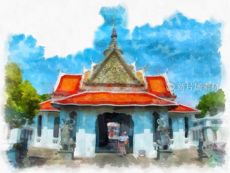 卧龙寺泰国古建筑在曼谷水彩风格插图印象派绘画。