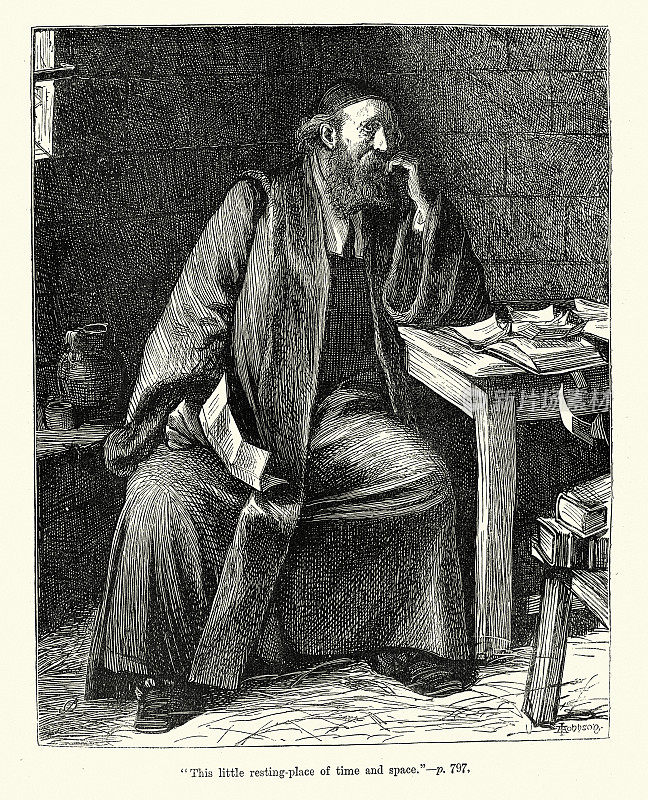19世纪，19世纪，19世纪，维多利亚时代，一个老人在牢房里读着信和书