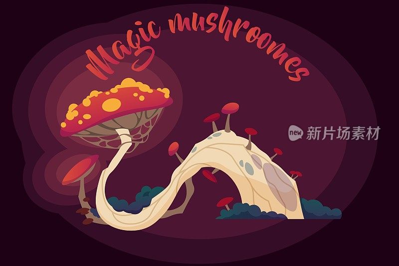 幻想蘑菇。神奇的迷幻不寻常的真菌，有毒的药剂成分有毒，神秘的自然元素，神奇的发光景观，矢量卡通平面孤立插图