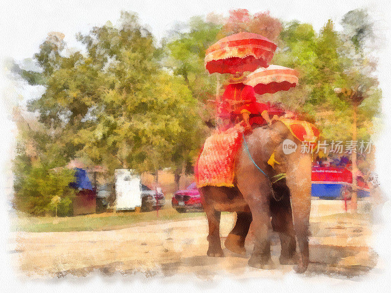 大象运输游客在泰国大城府水彩风格插图印象派绘画。
