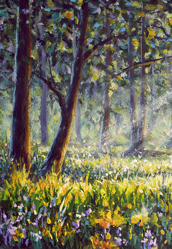 原创油画《阳光森林中的花朵》山水艺术