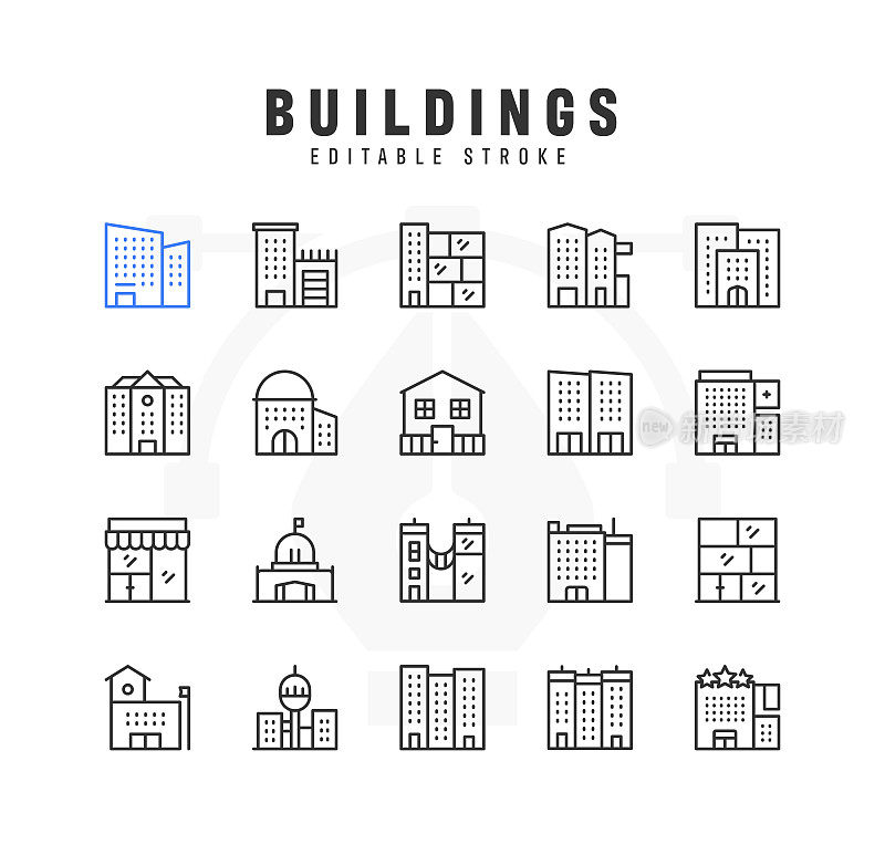 建筑线图标集。可编辑的中风。像素完美。