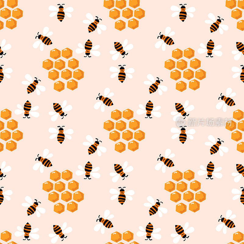 夏天平面卡通无缝图案与蜂巢，蜂巢和蜜蜂。