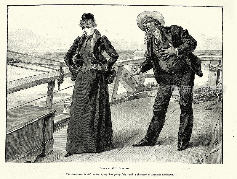 乘客走在维多利亚帆船甲板上，男人，女人，19世纪旅行