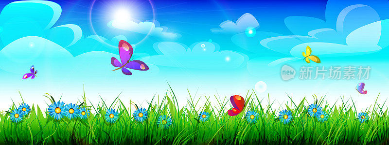 阳光明媚的日子以春夏自然为背景，采用卡通风格。草地上有鲜花和蝴蝶在晴朗的天空下。