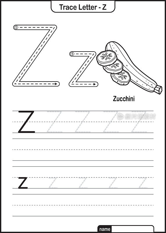 字母跟踪字母A到Z学龄前工作表与字母Z西葫芦亲矢量