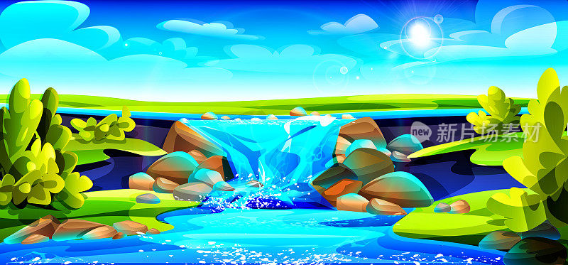 卡通风格的自然美概念。瀑布、山间溪流映衬着夏日阳光明媚的风景。