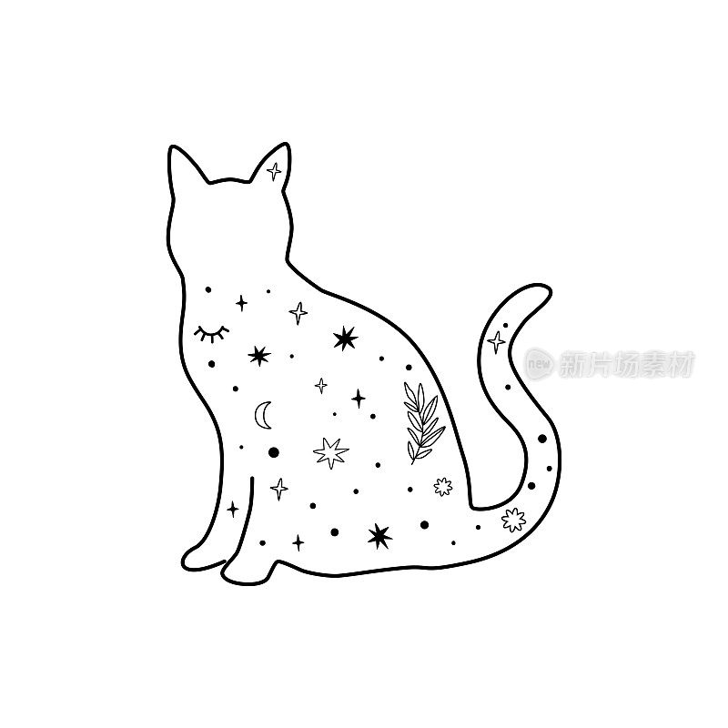 矢量天体猫在线艺术。神秘的黑月猫。神奇的家养动物剪影配上星星、月亮