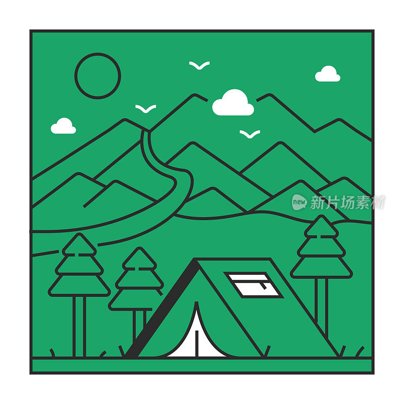 露营线图标设计。露营，休闲活动，露营，房车。