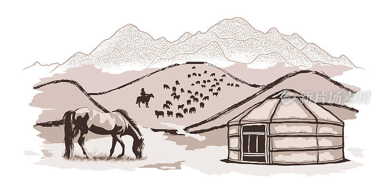 以中亚的生活为主题，放牧马和蒙古包
