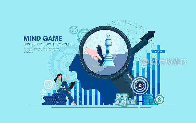 女商人下着巨大的国际象棋，试图为商业目标找到战略位置。