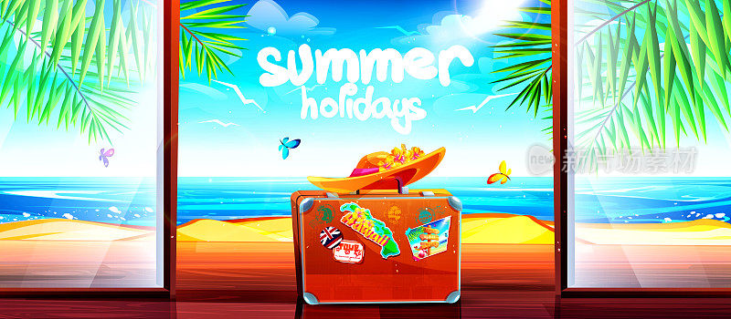 阿罗哈夏威夷热带度假概念的卡通风格。贴着贴纸的旅游行李和一顶帽子放在敞开的全景门上，阳台以海滩为背景，上面有蝴蝶。