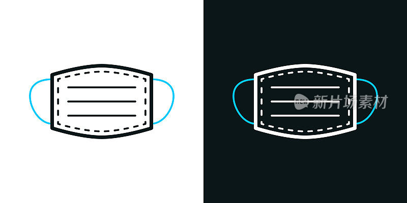 医用或外科口罩。黑色或白色背景上的双色线条图标-可编辑笔触