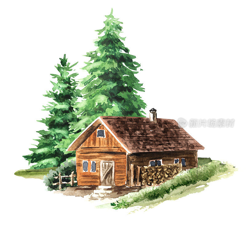 舒适的乡村别墅靠近森林，林地。手绘水彩插图，孤立在白色背景上