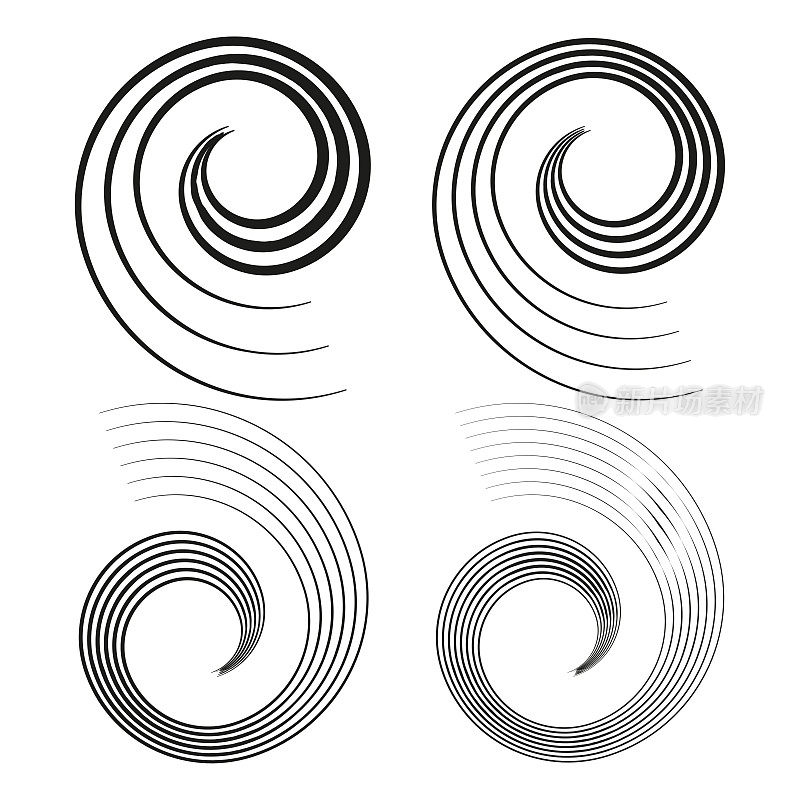 螺旋，旋转，旋转。蜗壳、螺旋、涡流和旋涡形状。带旋转的径向线。矢量插图。