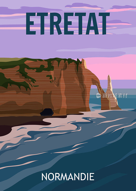 复古旅游海报法国，海景岩崖