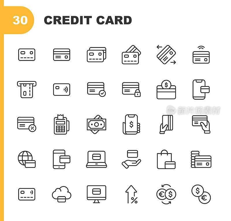 信用卡线路图标。可编辑的中风。像素完美。移动和Web。包含支付、非接触式、移动、货币、金融、信贷、储蓄、投资、终端、移动应用、银行、货币、购物、无线、电子商务等图标。