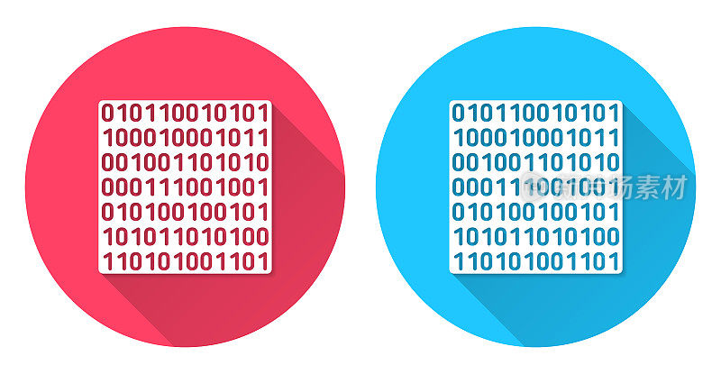 二进制代码。圆形图标与长阴影在红色或蓝色的背景